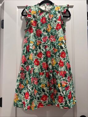 THML Green Floral Ruffle Sleeve Tiered Dress with Pink & Yellow Blooms